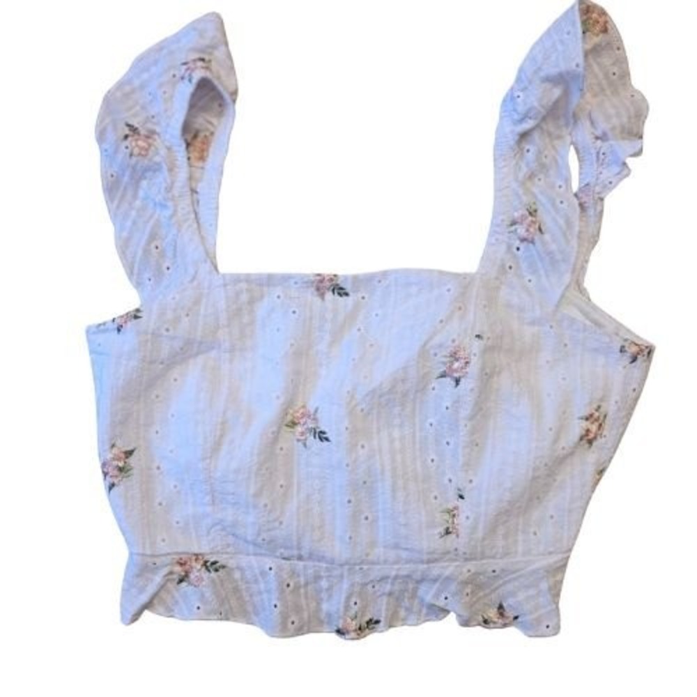 White Floral Eyelet Crop Top with Ruffle Hem